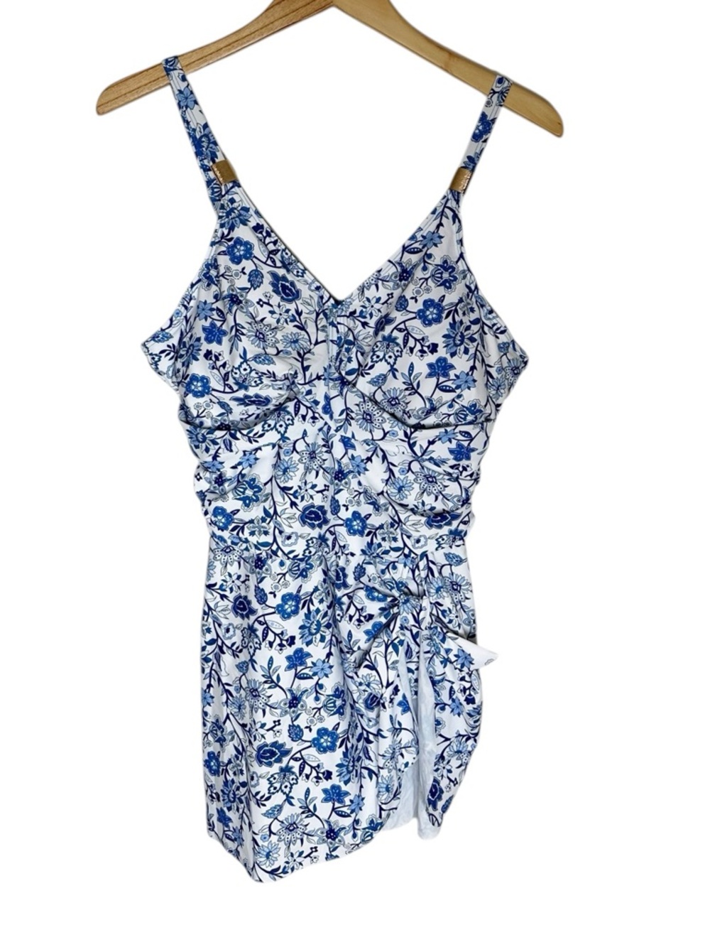 Blooming Jelly Blue and White Floral Tie Front One Piece Bathing Suit Size 2X